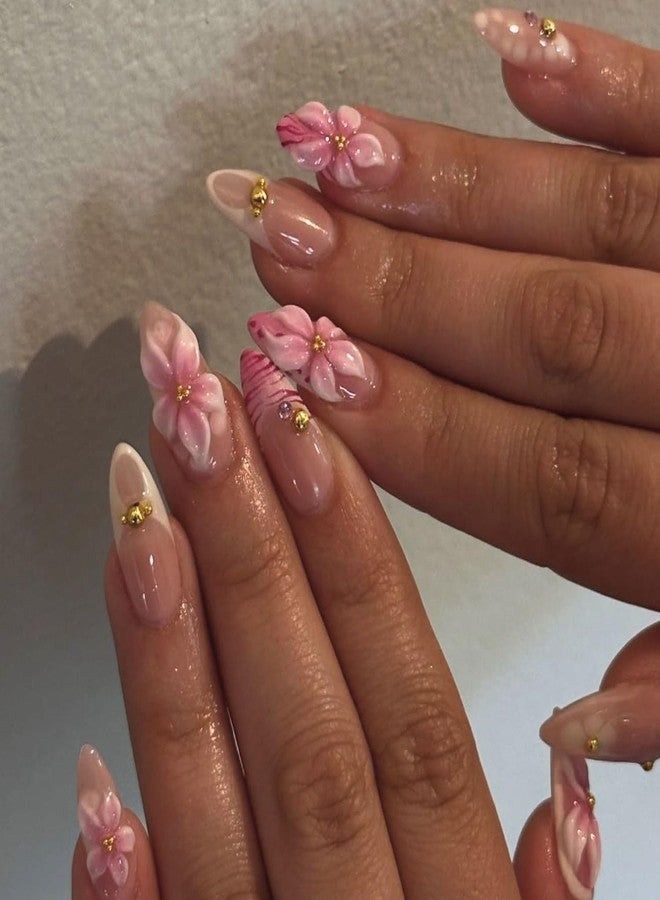 BSBTBZ Pink Flower Press on Nails Nails Medium Almond Fake Nails French Nails Press ons Cute with Designs 3D Flower Pink Stick on Nails Glossy Glue on Nails Acrylic Nails for Women Girls 24 Pcs - Image 1